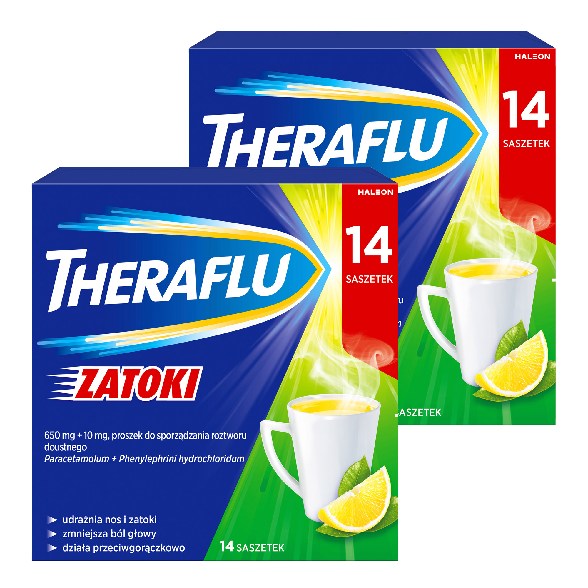 Theraflu Zatoki, 650 mg+10 mg, proszek do sporządzenia roztworu doustnego, saszetki, 14 sztuk