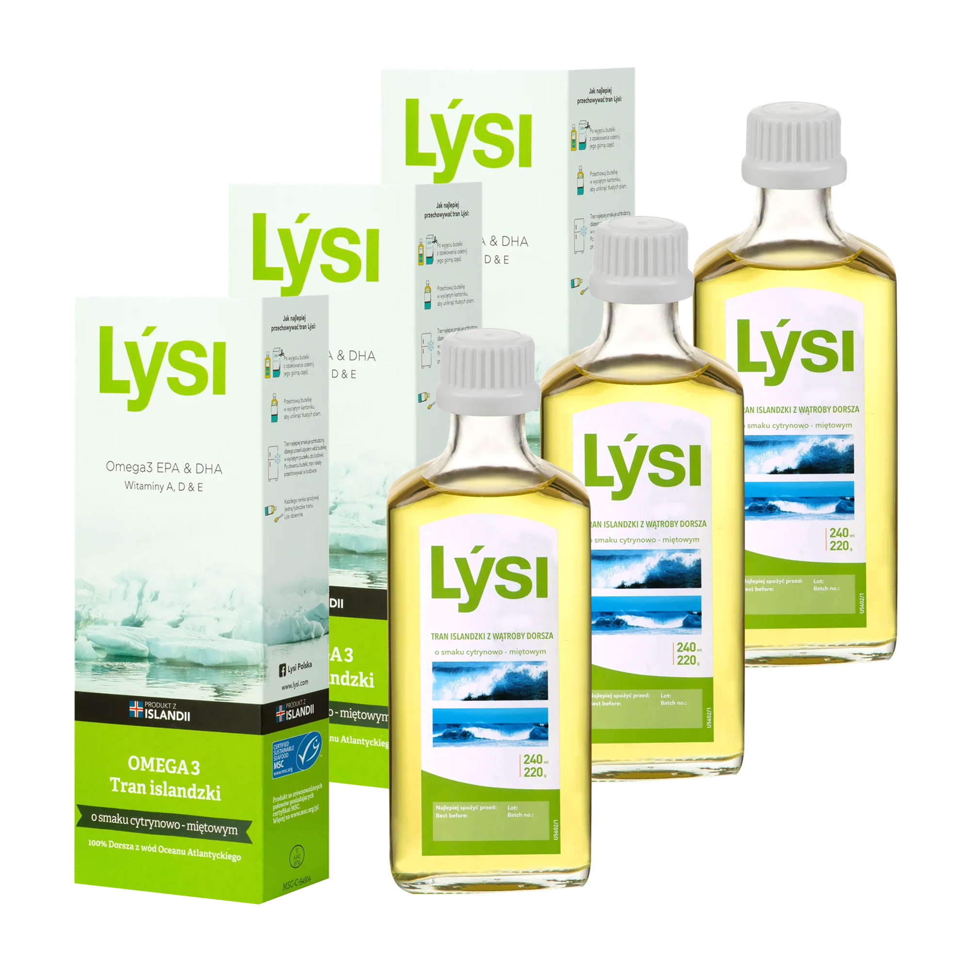 Lysi Tran islandzki Omega 3 o smaku cytrynowo-miętowym, olej, 3 x 240 ml zdjęcie