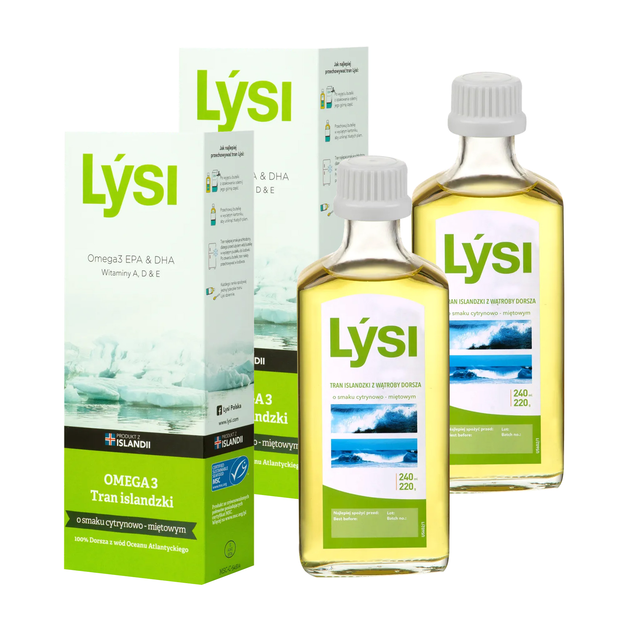 Lysi Tran islandzki Omega 3 o smaku cytrynowo-miętowym, olej, 2 x 240 ml zdjęcie